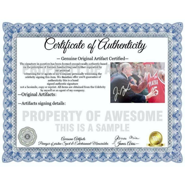 Certificate of Authenticity for Syracuse Orangemen Jim Boeheim Carmelo Anthony 8 by 10 signed photo with proof