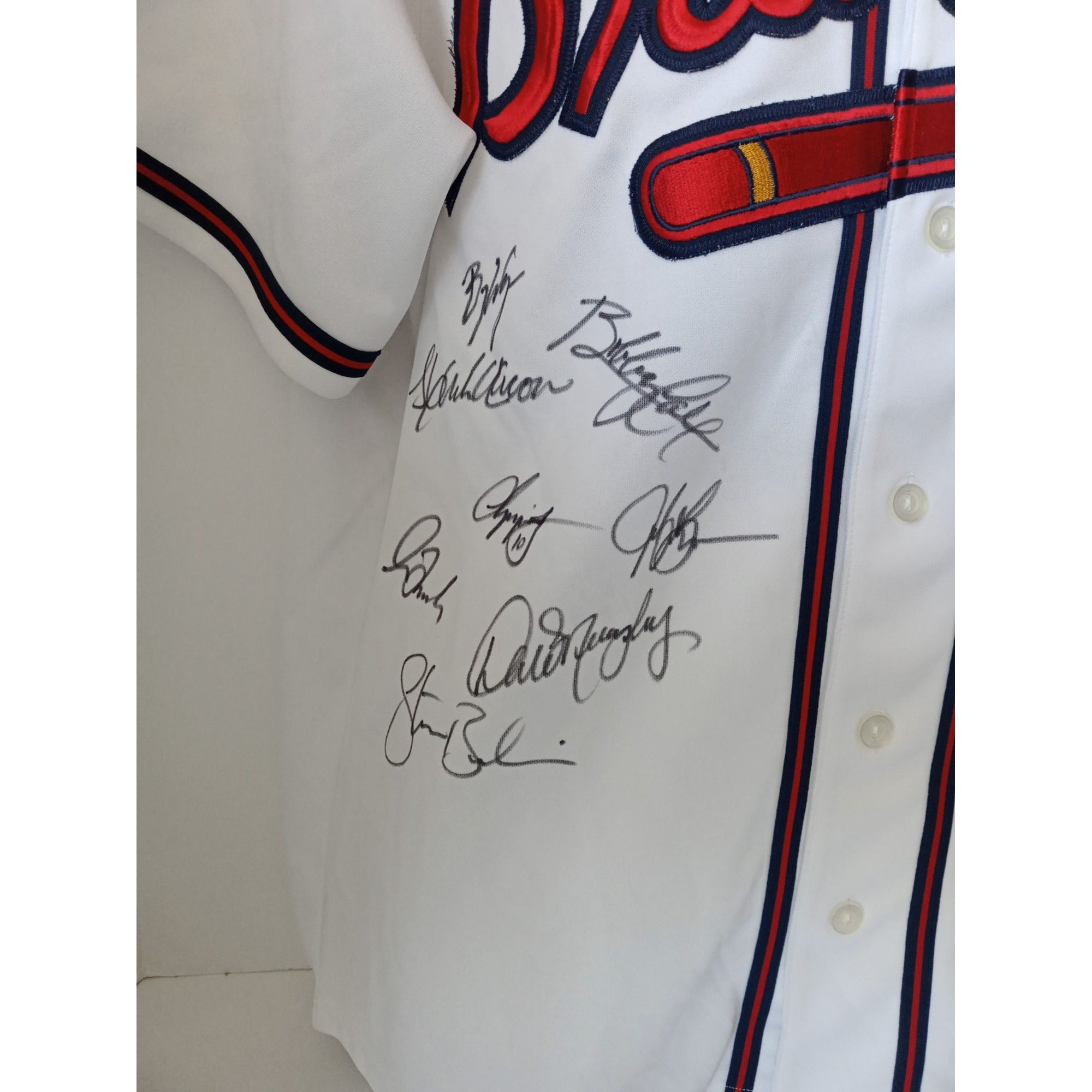 Atlanta Braves Greg Maddox, Chipper Jones, Hank Aaron all-time greats signed jersey with proof