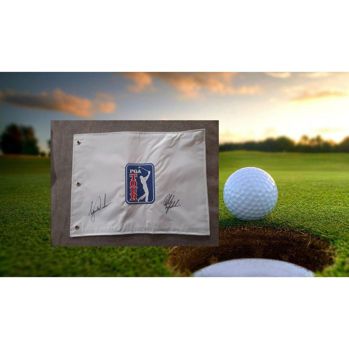 Phil Mickelson and Tiger Woods PGA golf pin flag signed with proof