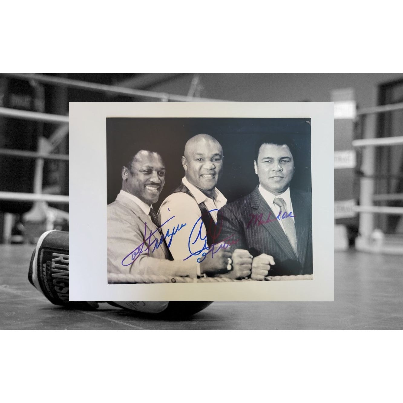 Muhammad Ali George Foreman Joe Frazier 8 by 10 photo signed with proof