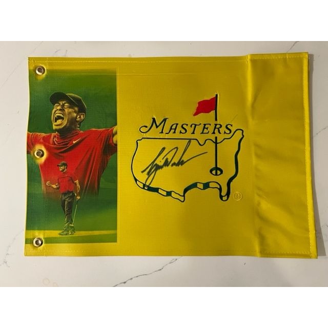 Tiger Woods portrait Masters one-of-a-kind flag signed with proof