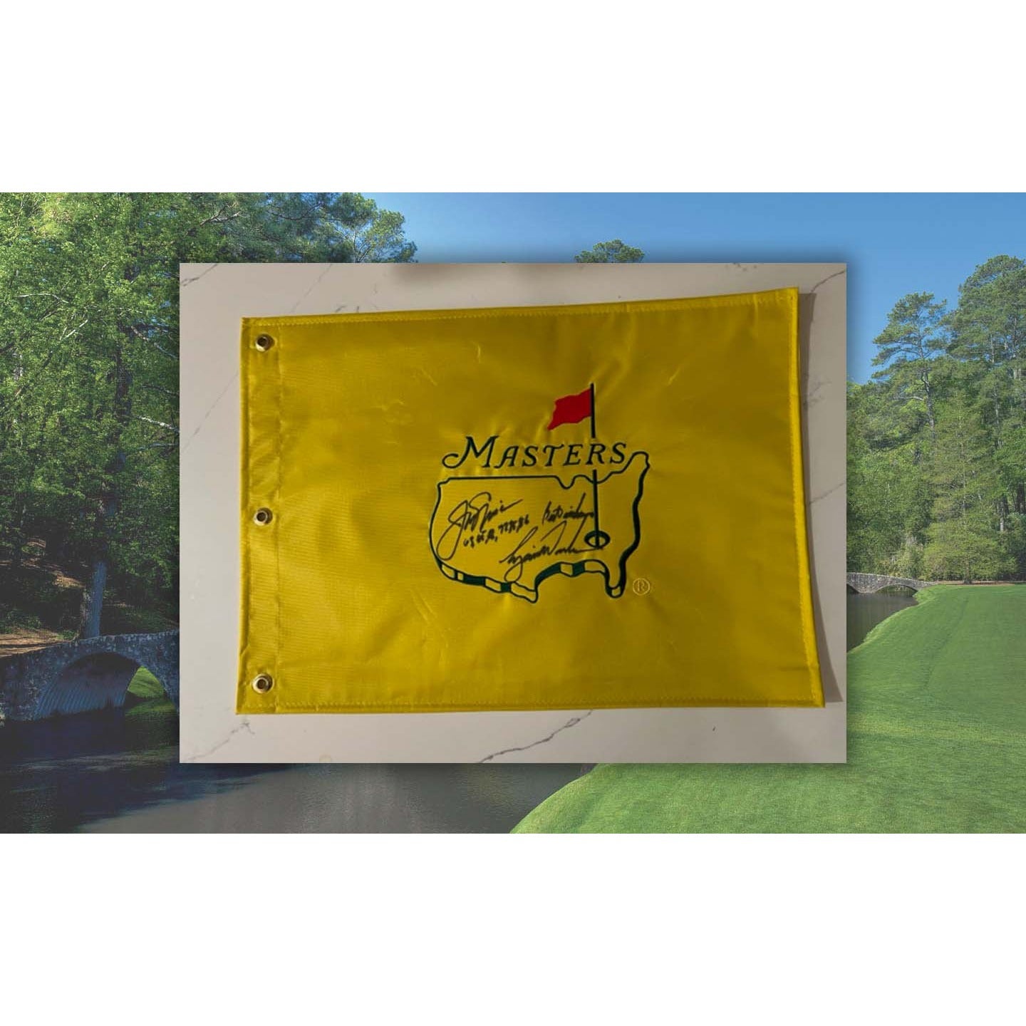 Tiger Woods and Jack Nicklaus Masters pin flag signed with proof