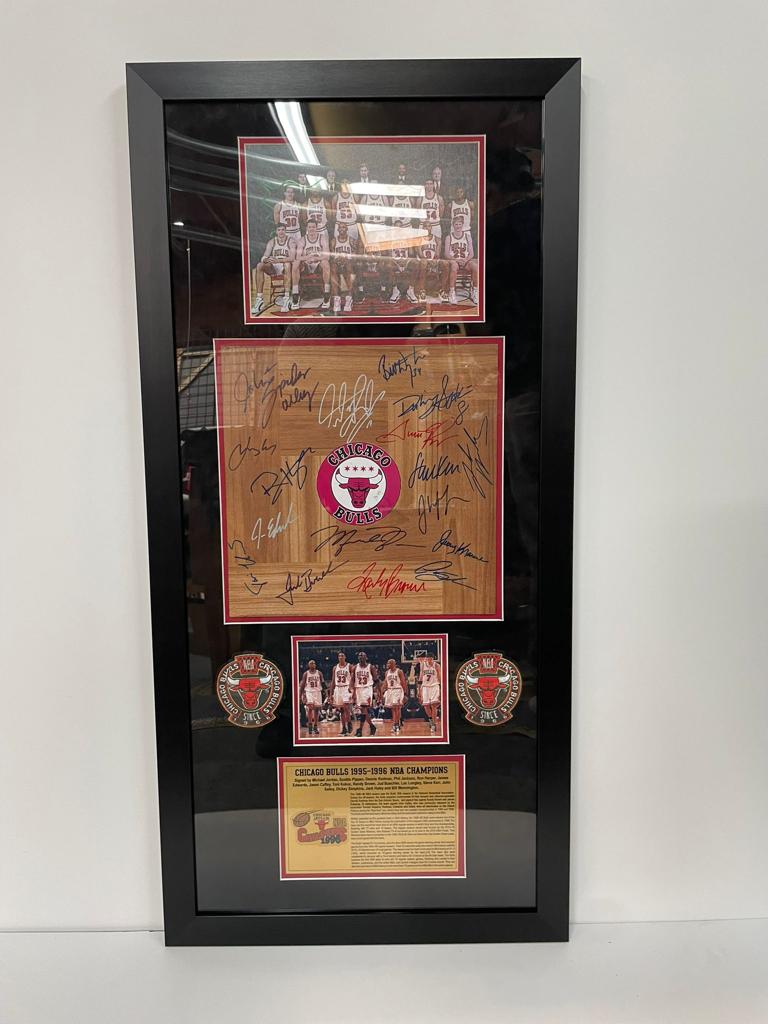 Chicago Bulls 1995-96 Michael Jordan, Phil Jackson, Scotty Pippen hardwood floor with museum quality frame with proof