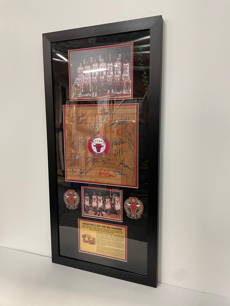 Chicago Bulls 1995-96 Michael Jordan, Phil Jackson, Scotty Pippen hardwood floor with museum quality frame with proof