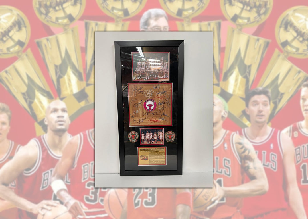 Chicago Bulls 1995-96 Michael Jordan, Phil Jackson, Scotty Pippen hardwood floor with museum quality frame with proof