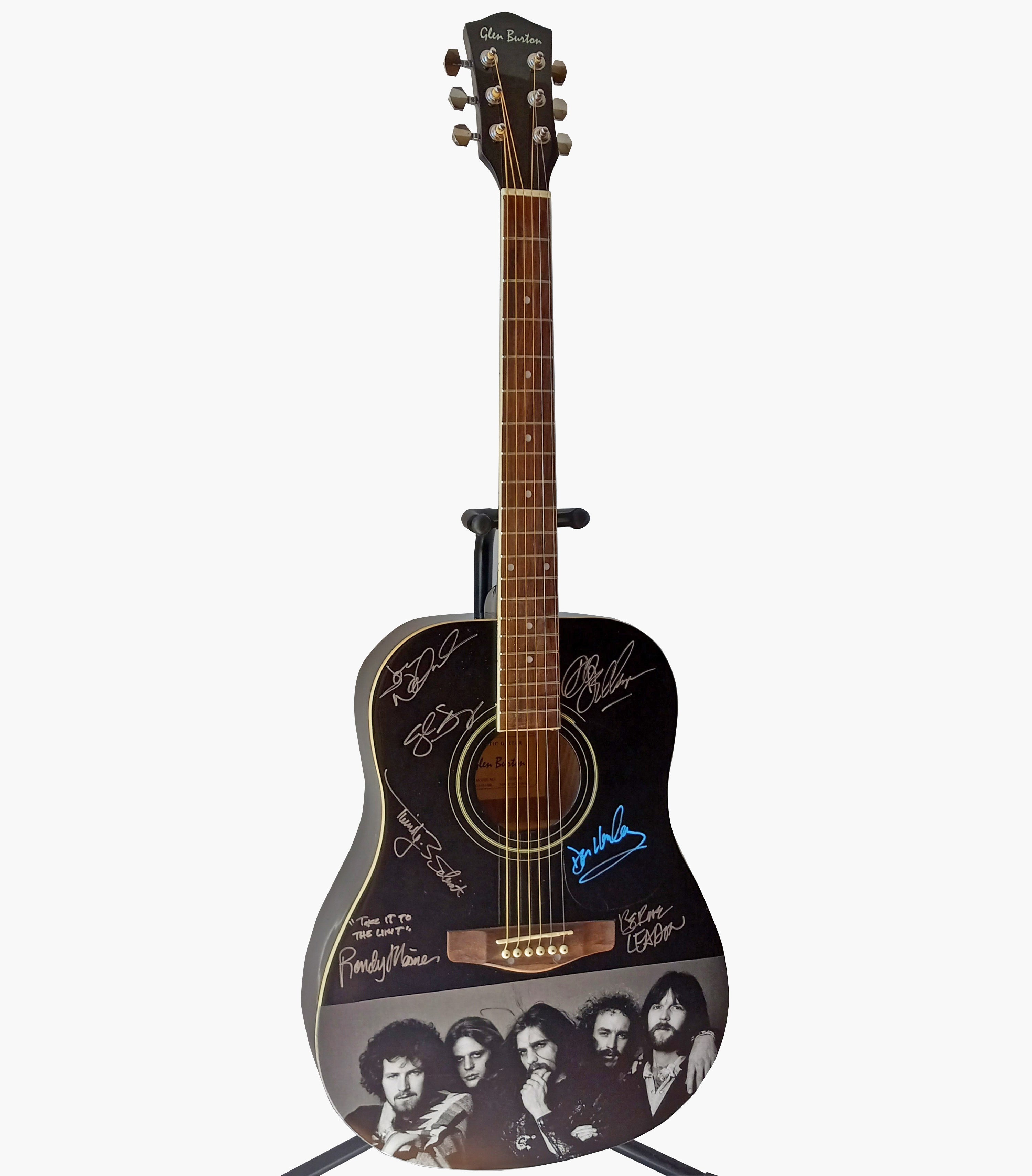 Don Henley, Glen Frey, Joe Walsh, Bernie Leadon, Don Felder, Randy Meisner signed one of a kind guitar with proof