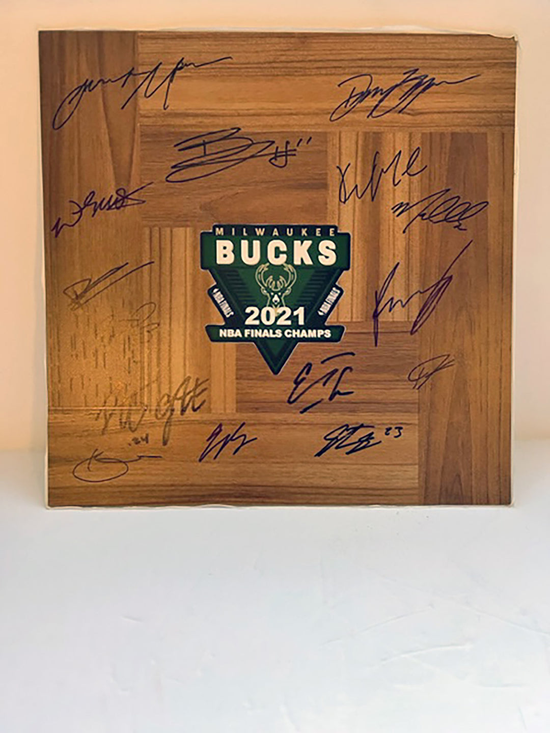 Giannis Antetokounmpo, Khris Middleton 2021 Milwaukee Bucks NBA champs 12x12 parquet hardwood floor signed with proof