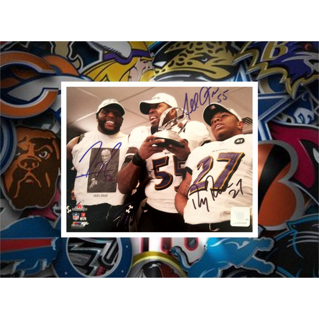 Baltimore Ravens Ray Lewis Terrell Suggs Ray Rice 8x10 photo signed