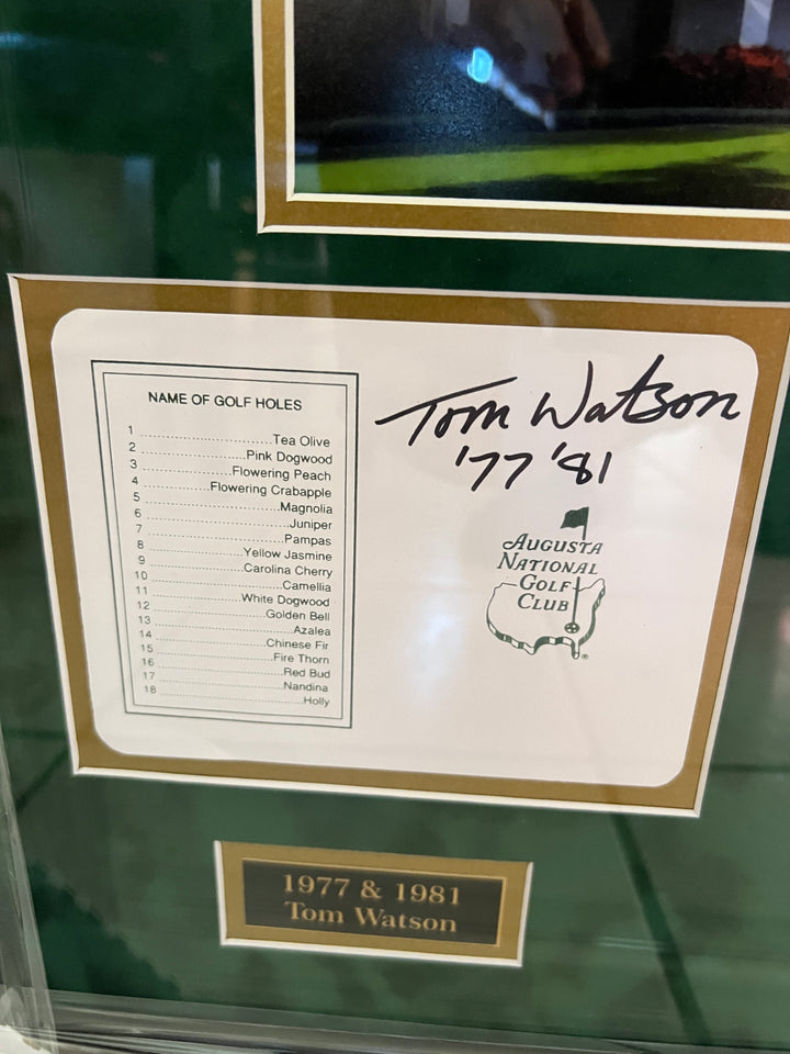 Tiger Woods, Arnold Palmer, Jack Nicklaus, Phil Mickelson, Gary Player scorecards framed 35x29 and signed with proof