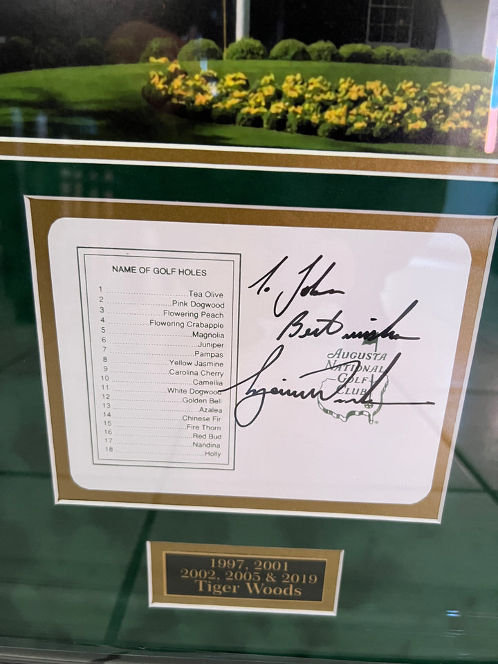 Tiger Woods, Arnold Palmer, Jack Nicklaus, Phil Mickelson, Gary Player scorecards framed 35x29 and signed with proof