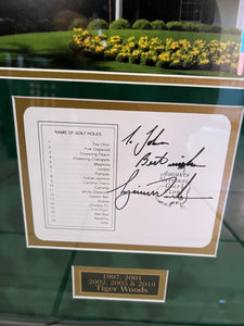 Tiger Woods, Arnold Palmer, Jack Nicklaus, Phil Mickelson, Gary Player scorecards framed 35x29 and signed with proof