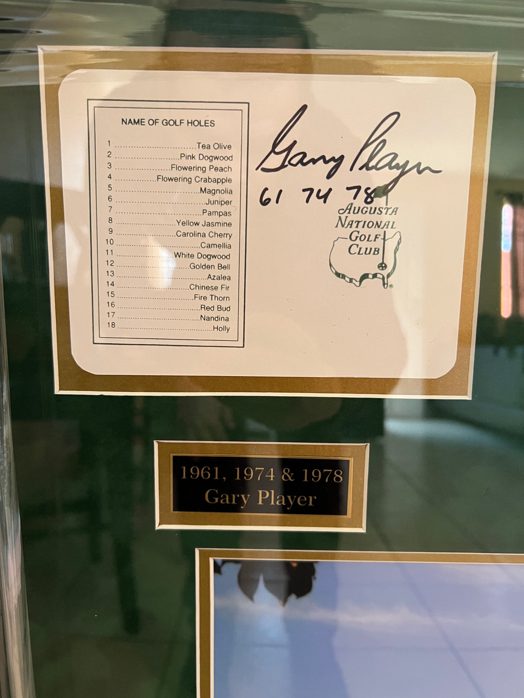 Tiger Woods, Arnold Palmer, Jack Nicklaus, Phil Mickelson, Gary Player scorecards framed 35x29 and signed with proof