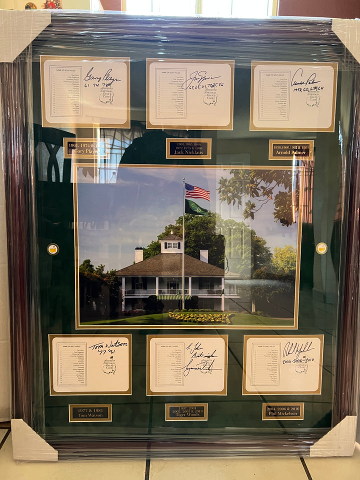 Tiger Woods, Arnold Palmer, Jack Nicklaus, Phil Mickelson, Gary Player scorecards framed 35x29 and signed with proof