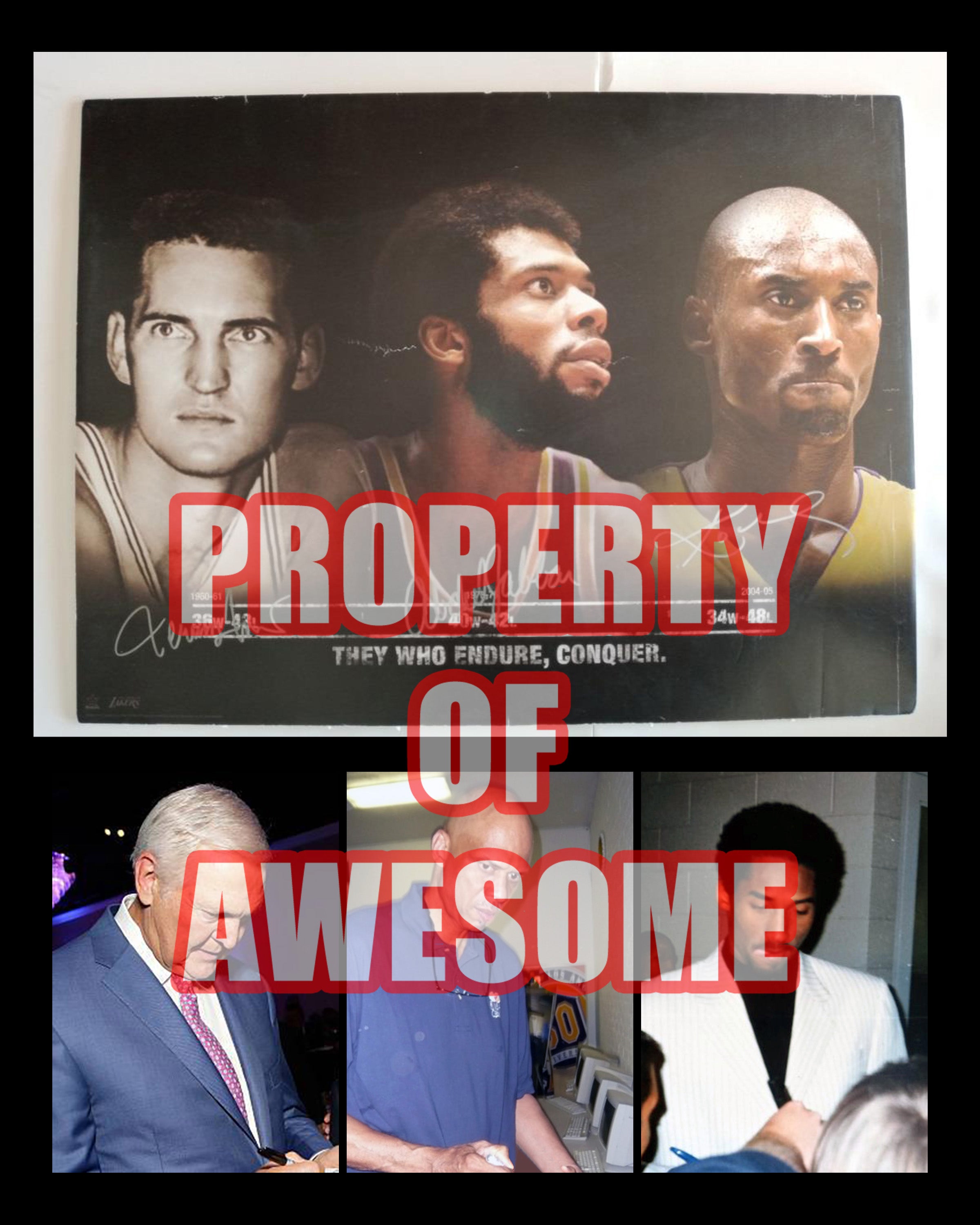 Kobe Bryant, Kareem Abdul-Jabbar, Jerry West 24x18 poster signed with proof