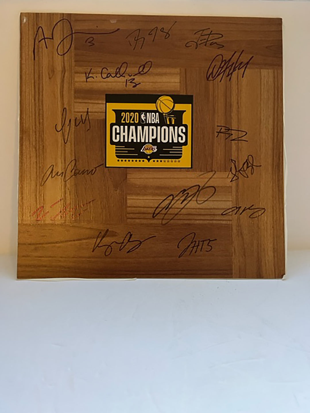 Los Angeles Lakers LeBron James, Anthony Davis 2020 NBA champions 12x12 parquet hardwood floor signed with proof