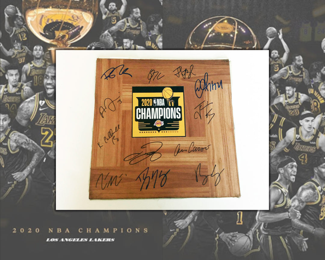 LeBron James, Anthony Davis, Los Angeles Lakers 2020 NBA champs 12x12 floorboard signed with proof - Awesome Artifacts 