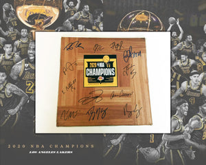 LeBron James, Anthony Davis, Los Angeles Lakers 2020 NBA champs 12x12 floorboard signed with proof