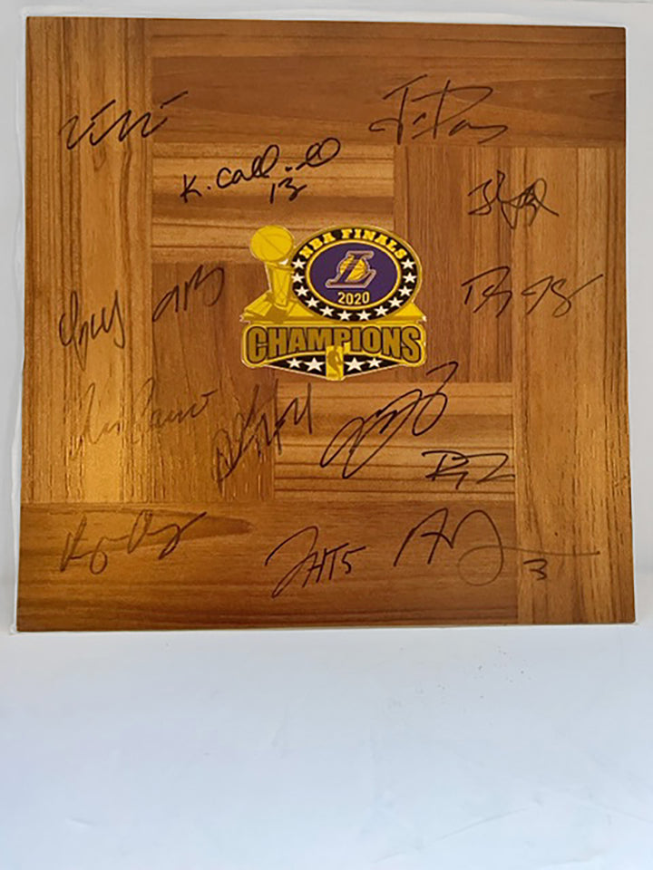 LeBron James, Anthony Davis Los Angeles Lakers 2020 NBA champions 12 x 12 parquet hardwood floor signed with proof