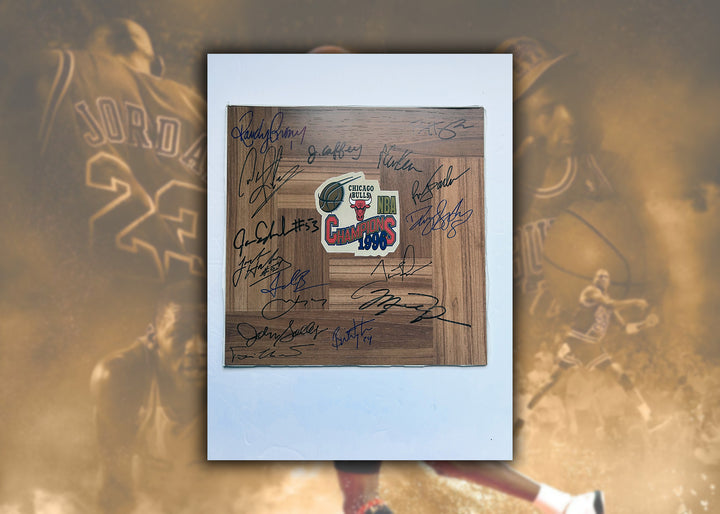 Michael Jordan, Scottie Pippen, Dennis Rodman 1995-96 NBA champions team signed 12x12 parquet hardwood floor with proof