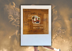 Chicago Bulls Michael Jordan, Scottie Pippen, Dennis Rodman 1995-96 NBA champions team signed 12x12 parquet hardwood floor with proof