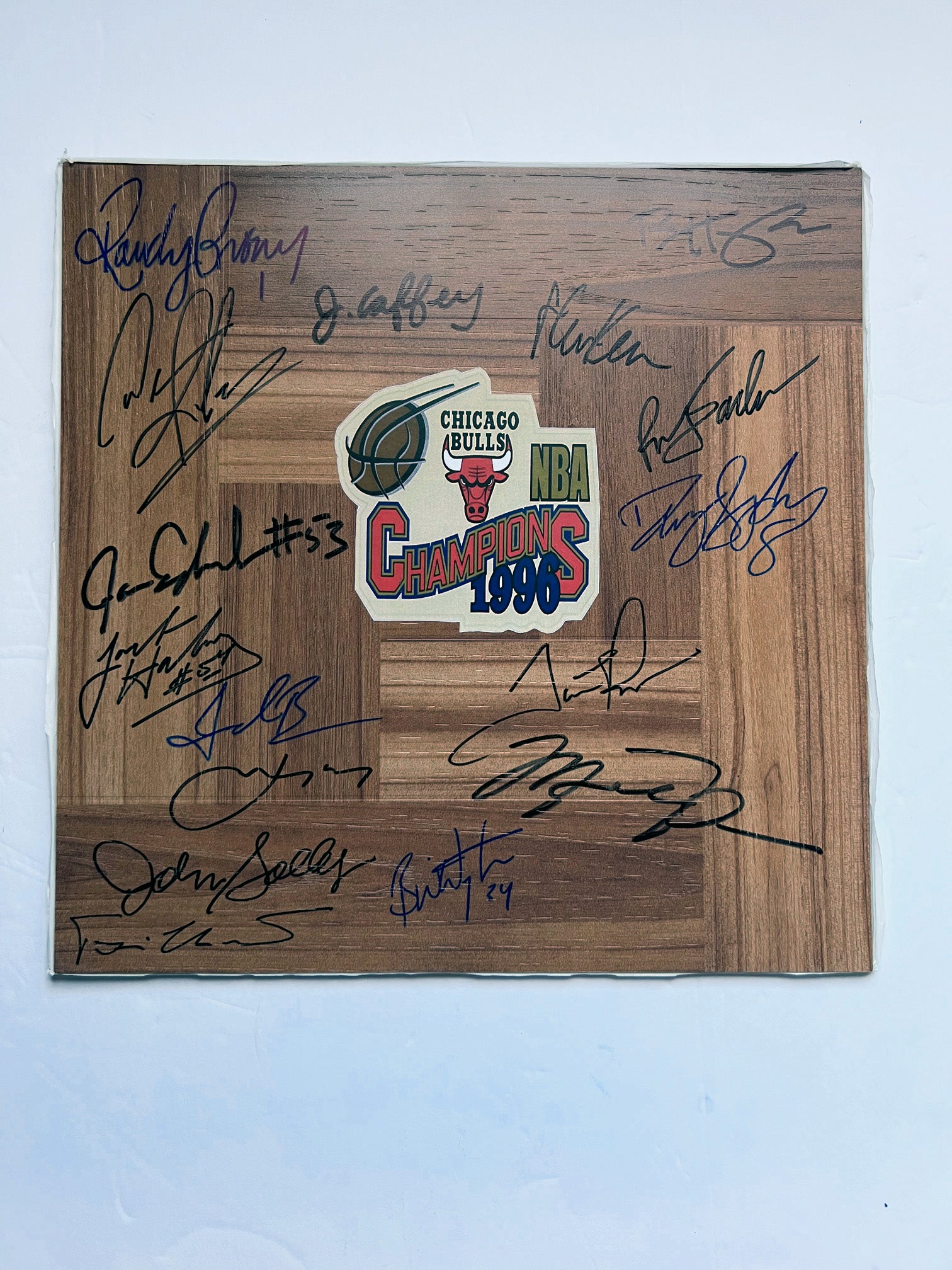 Michael Jordan, Scottie Pippen, Dennis Rodman 1995-96 NBA champions team signed 12x12 parquet hardwood floor with proof