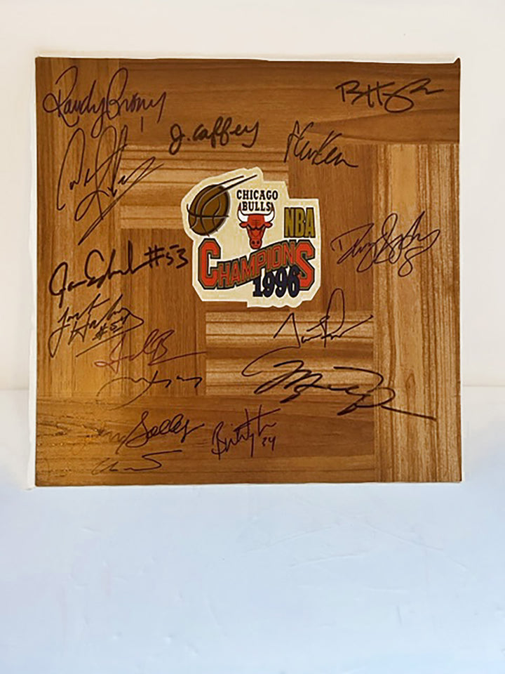 Chicago Bulls Michael Jordan, Scottie Pippen, Dennis Rodman 1995-96 NBA champions team signed 12x12 parquet hardwood floor with proof