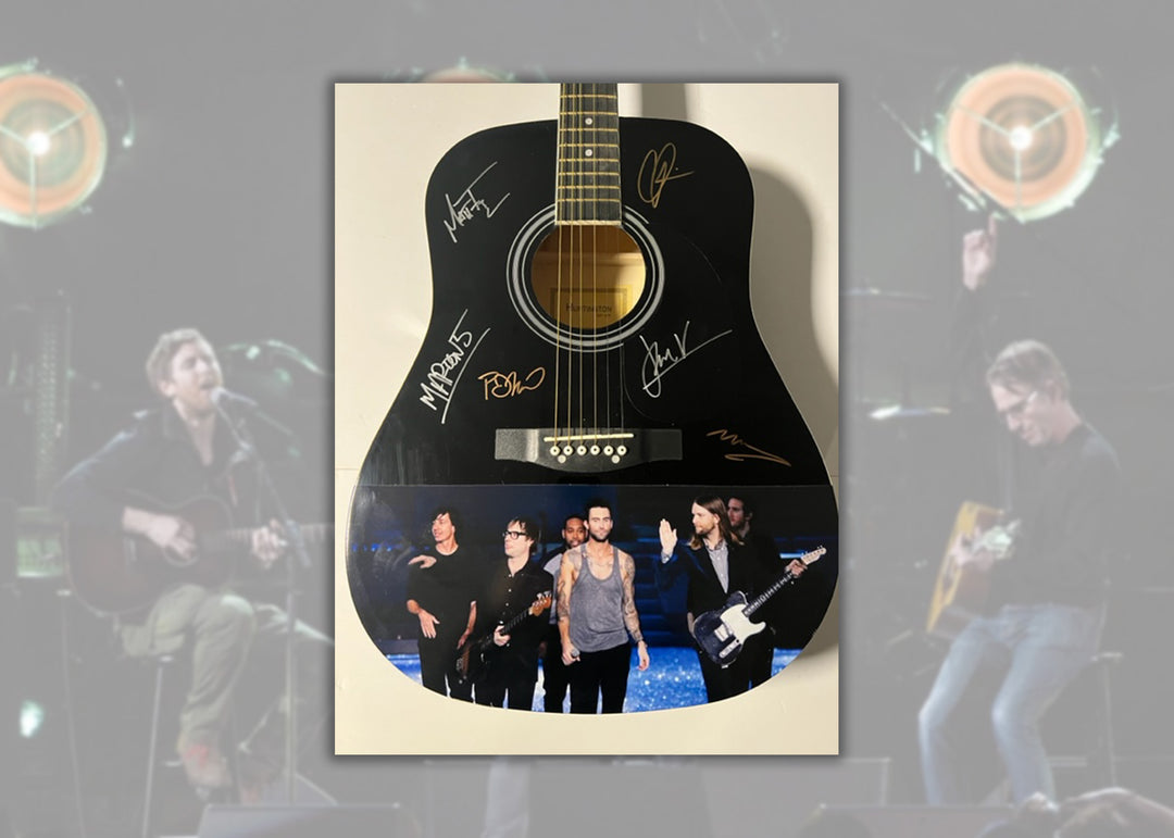 Adam Levine, James Valentine, Matt Flynn, Mickey Madden, P.J. Morton Maroon 5 one-of-a-kind guitar 41 inch signed with proof