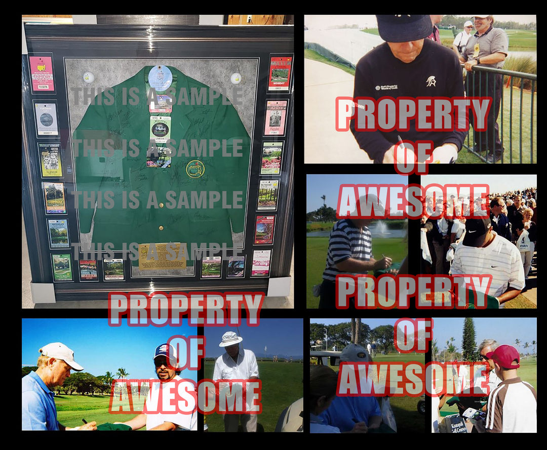 Masters Champions green jacket 40 in all Tiger Woods, Jack Nicklaus, Arnold Palmer, Sam Snead, Byron Nelson signed with proof and museum quality frame 43x43 with proof