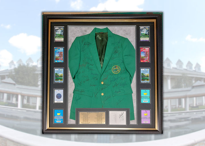 Masters Champions green jacket 40 in all Tiger Woods, Jack Nicklaus, Arnold Palmer, Sam Snead, Byron Nelson signed with proof and museum quality frame 43x43 with proof