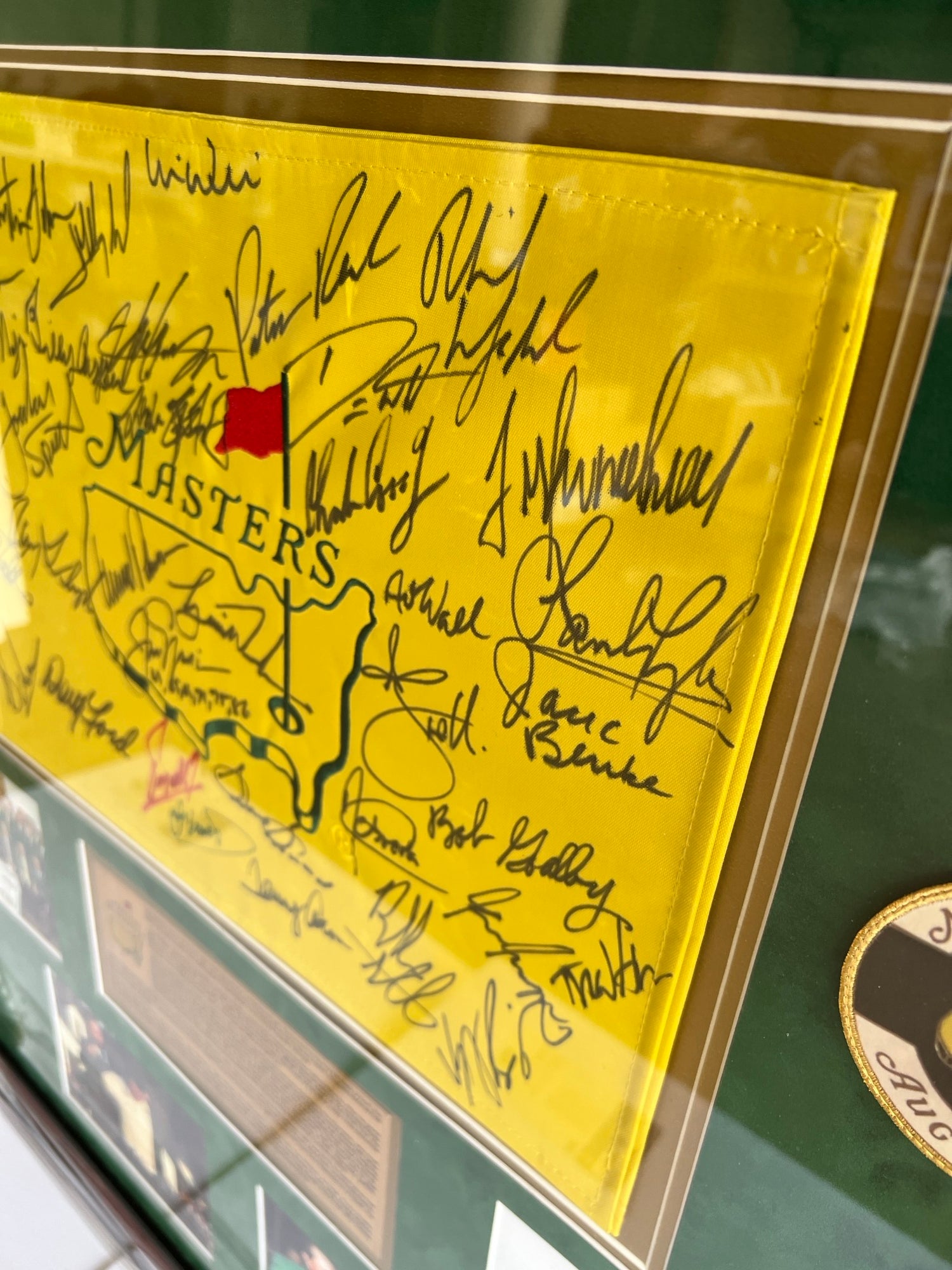 Tiger Woods, Jack Nicklaus, Arnold Palmer Masters champions 37 signed golf flag framed 32x37 with proof