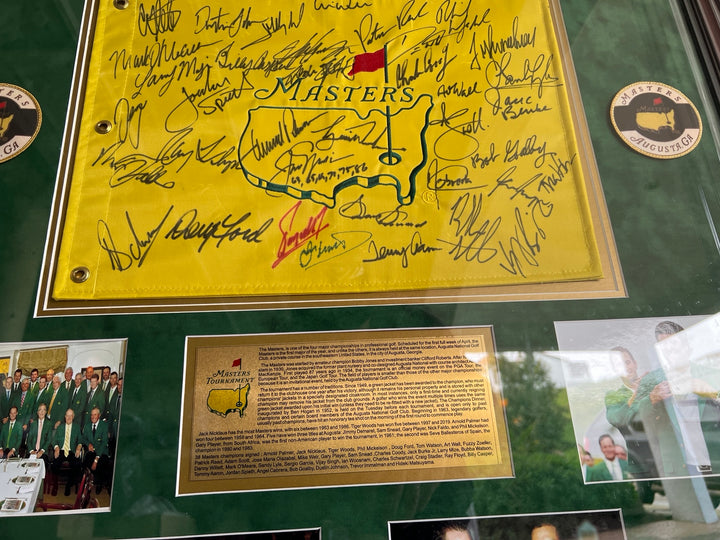 Tiger Woods, Jack Nicklaus, Arnold Palmer Masters champions 37 signed golf flag framed 32x37 with proof