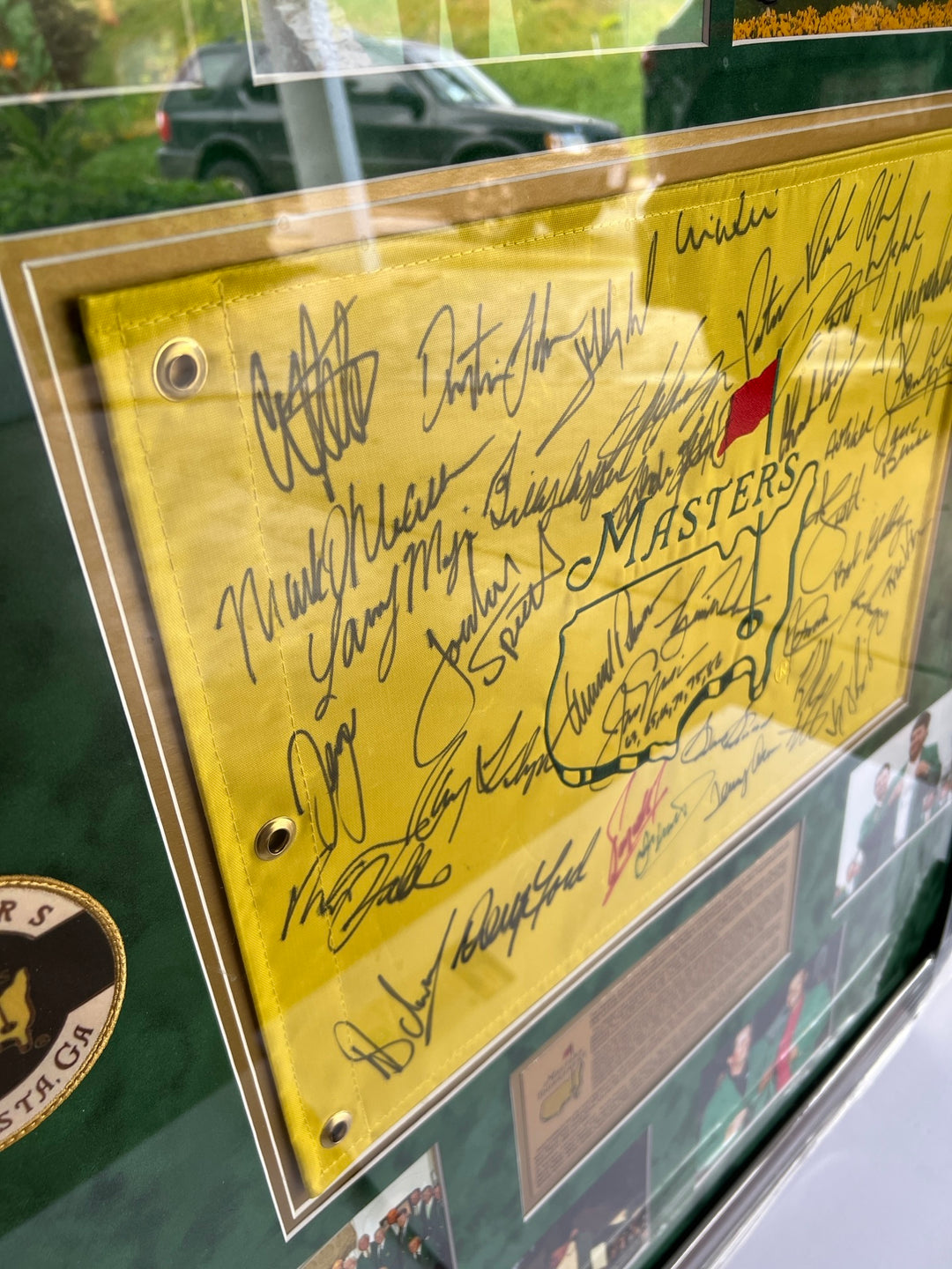 Tiger Woods, Jack Nicklaus, Arnold Palmer Masters champions 37 signed golf flag framed 32x37 with proof