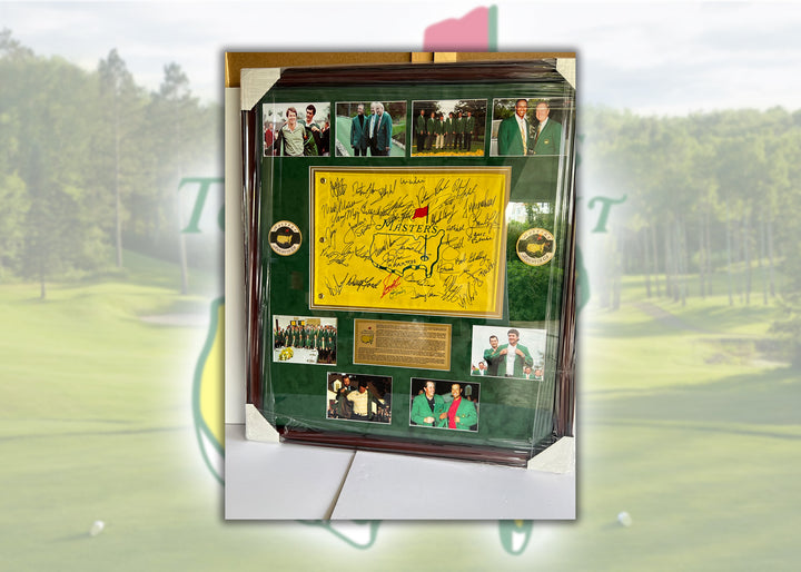 Tiger Woods, Jack Nicklaus, Arnold Palmer Masters champions 37 signed golf flag framed 32x37 with proof