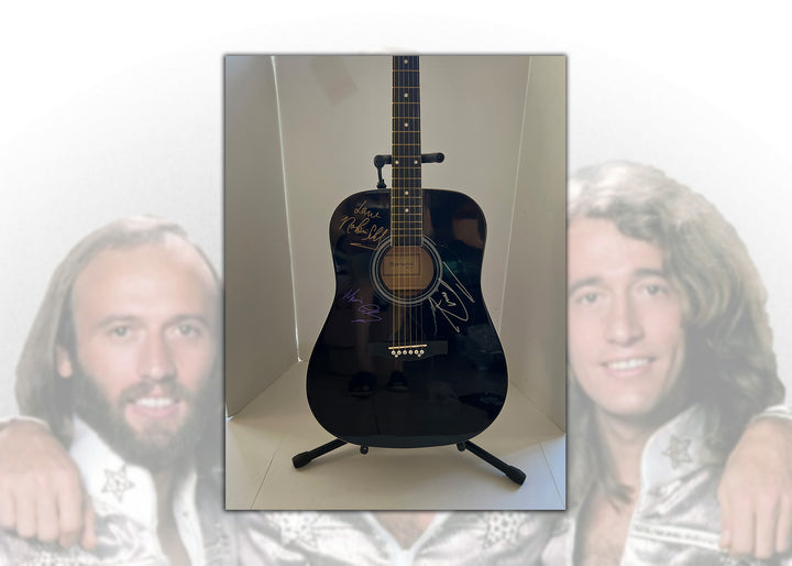 Maurice Andy and Barry Gibb the Bee Gees Huntington 39'' acoustic guitar signed with proof