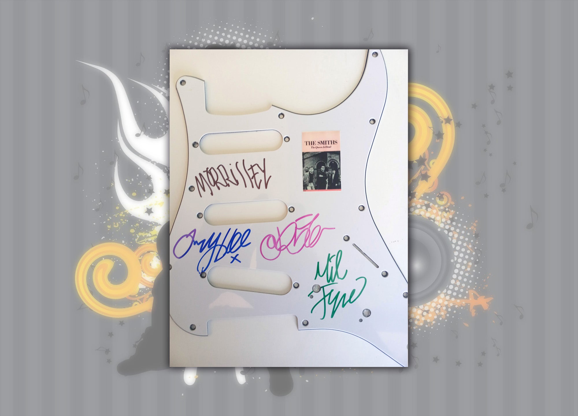 Morrissey and the Smiths guitar pickguard signed with proof