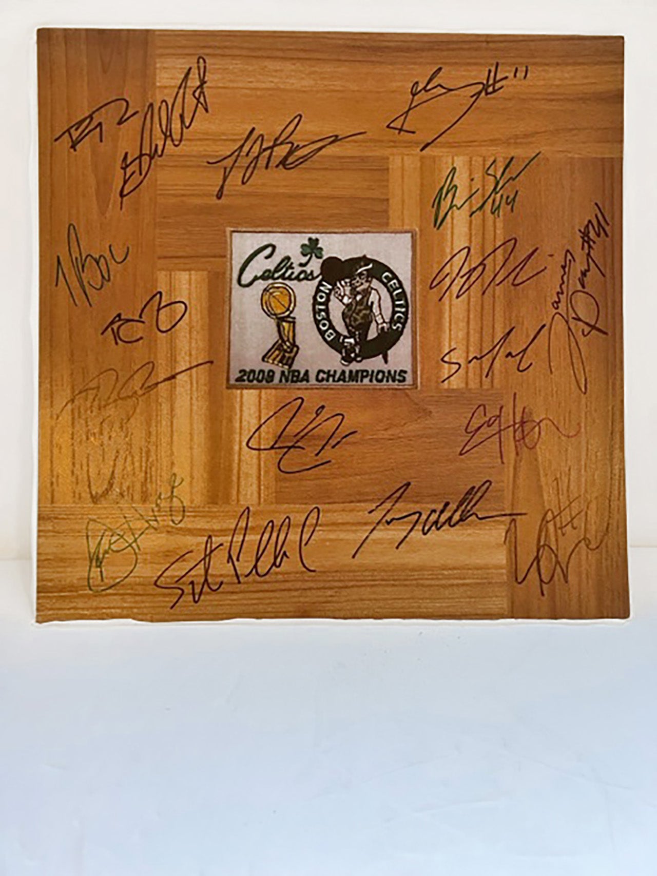 Paul Pierce, Kevin Garnett, Ray Allen 2007-2008 Boston Celtics NBA champions team signed 12x12 parquet wood floor with proof