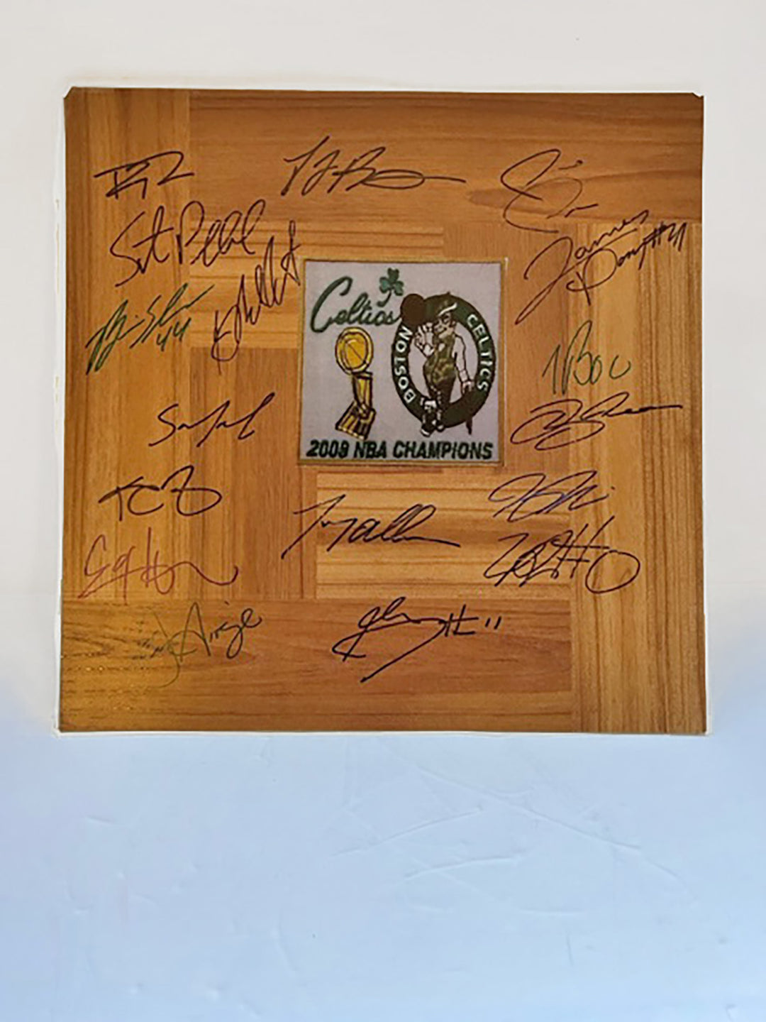 Paul Pierce, Kevin Garnett, Ray Allen 2007-2008 Boston Celtics NBA champions team signed 12 x 12 parquet wood floor   with proof