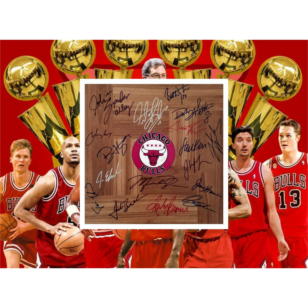 Chicago Bulls Dennis Rodman Michael Jordan Steve Kerr Scotty Pippen Phil  Jackson Jerry Krause team signed hardwood floor 12x12 with proof