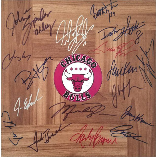 Chicago Bulls Dennis Rodman Michael Jordan Steve Kerr Scotty Pippen Phil  Jackson Jerry Krause team signed hardwood floor 12x12 with proof