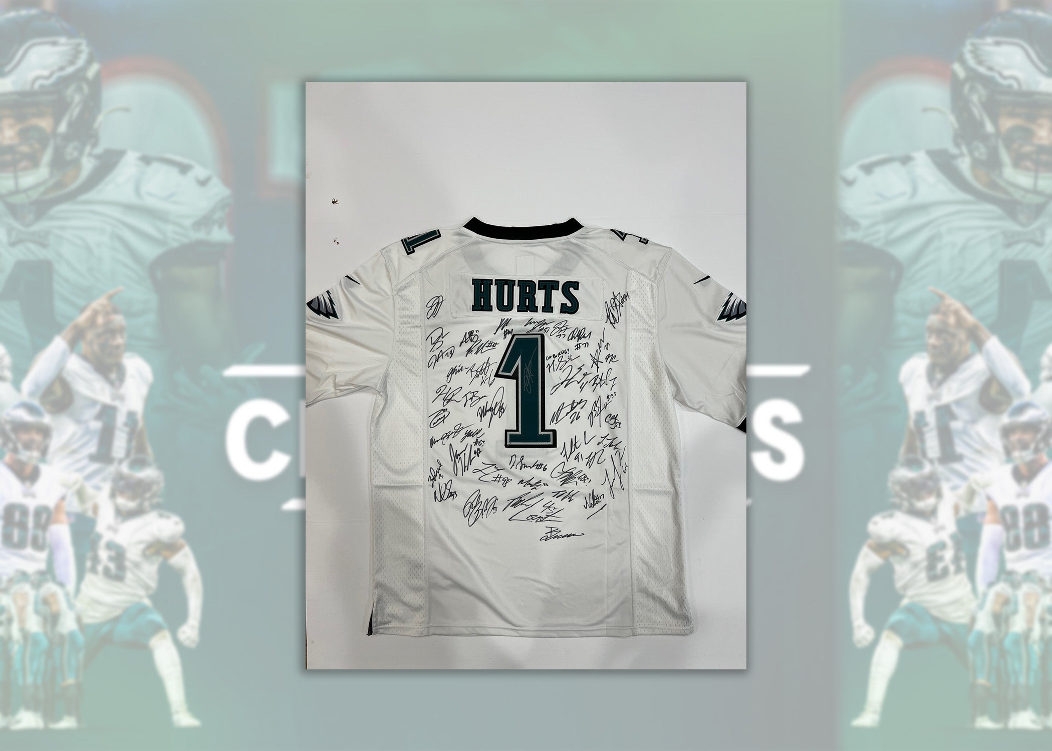 Awesome Artifacts Philadelphia Eagles 2022-23 Jalen Hurts, A.J. Brown, DeVonta Smith Team Signed Official Jalen Hurts Jersey with Proof by Awesome Artifact