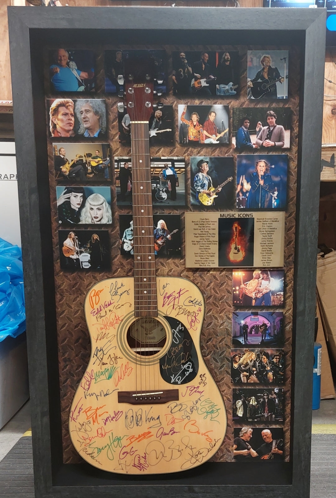 Music Icons Michael Jackson, Paul McCartney, Mick Jagger, Madonna, Bruce Springsteen signed & framed guitar (18x45) with proof