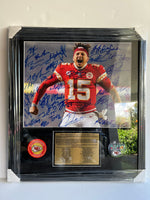 Load image into Gallery viewer, Patrick Mahomes, Andy Reid, Travis Kelce Super Bowl LVII NFL champions 16x20 photo team signed framed 28x25 with proof

