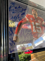Load image into Gallery viewer, Patrick Mahomes, Andy Reid, Travis Kelce Super Bowl LVII NFL champions 16x20 photo team signed framed 28x25 with proof
