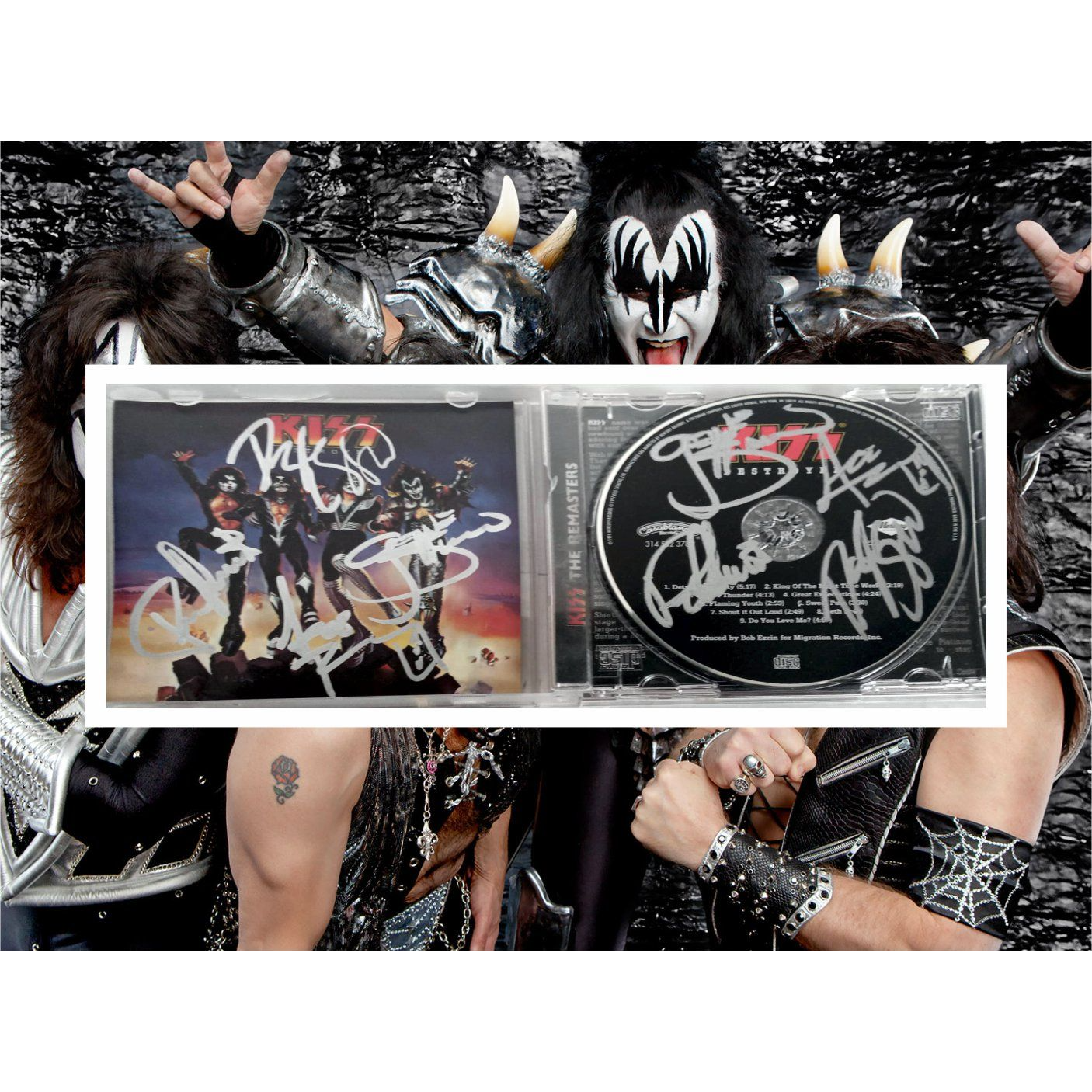 Gene Simmons Ace freely Peter Chris Paul Stanley kiss dual signed CD with proof