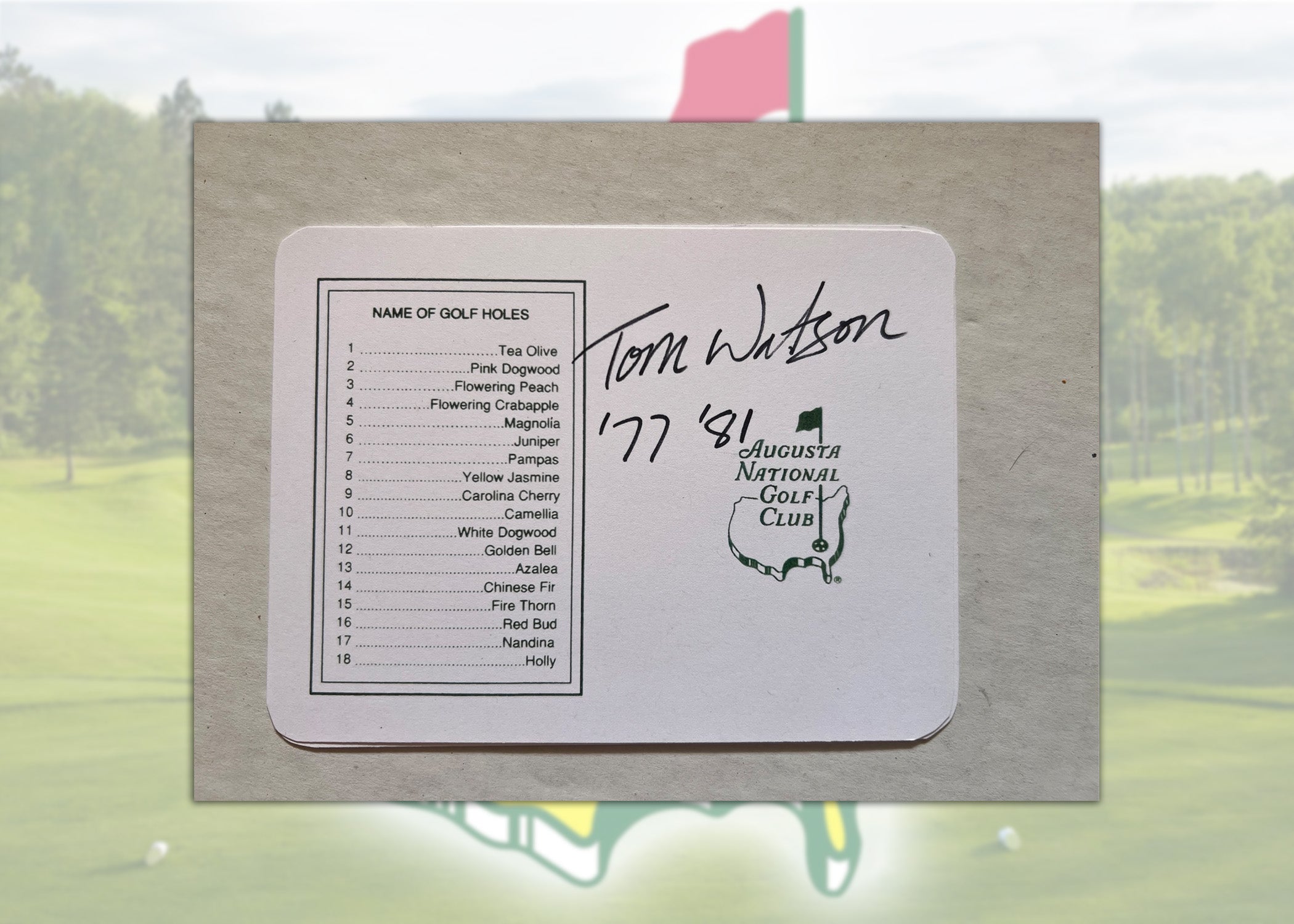 Tom Watson Masters Golf scorecard signed and inscribed " '77 '81" years that he won the Masters with proof