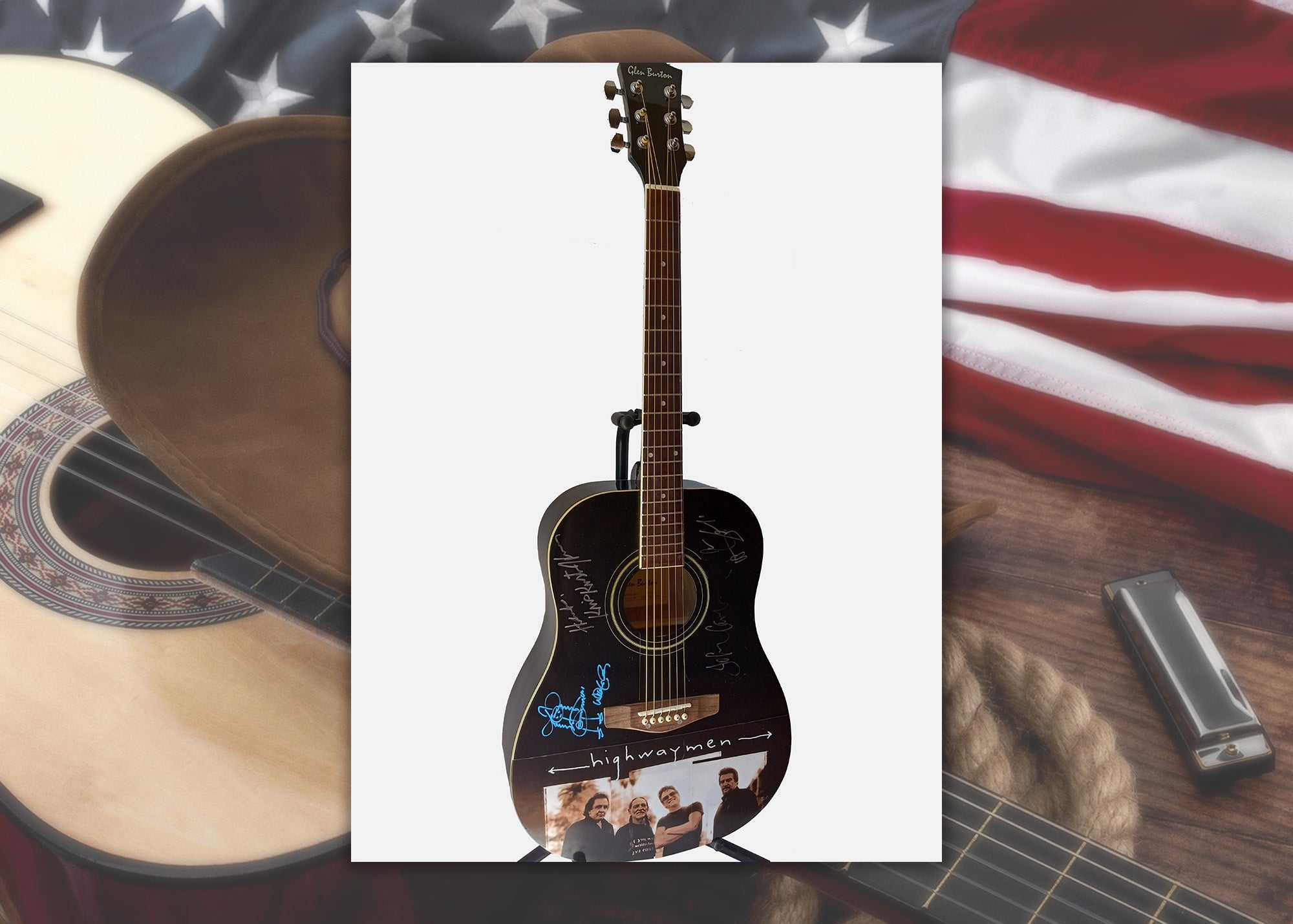 The Highwaymen Johnny Cash, Waylon Jennings, Willie Nelson, Kris Kristofferson signed one of a kind guitar with proof