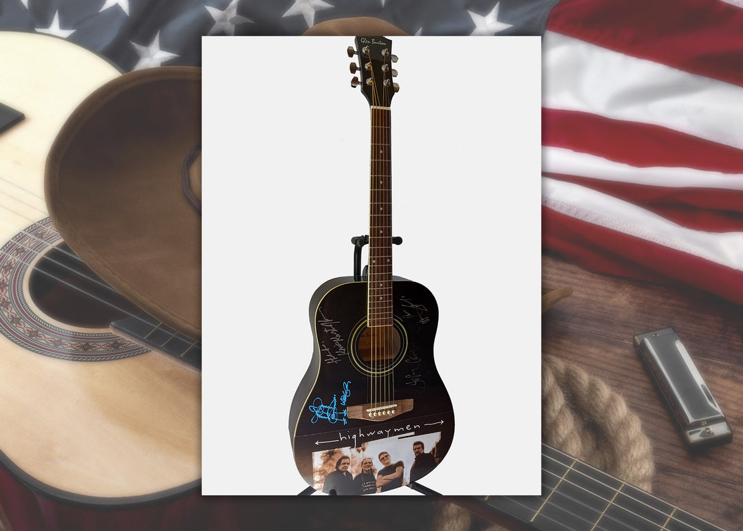 The Highwaymen Johnny Cash, Waylon Jennings, Willie Nelson, Kris Kristofferson signed one of a kind guitar with proof - Awesome Artifacts 