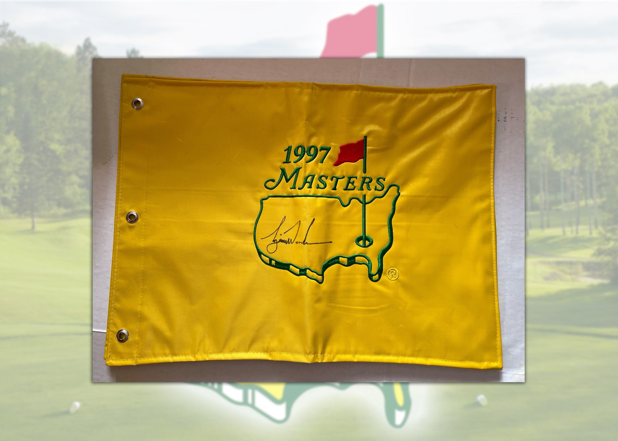 Tiger Woods 1997 Masters champion Masters pin flag signed with proof