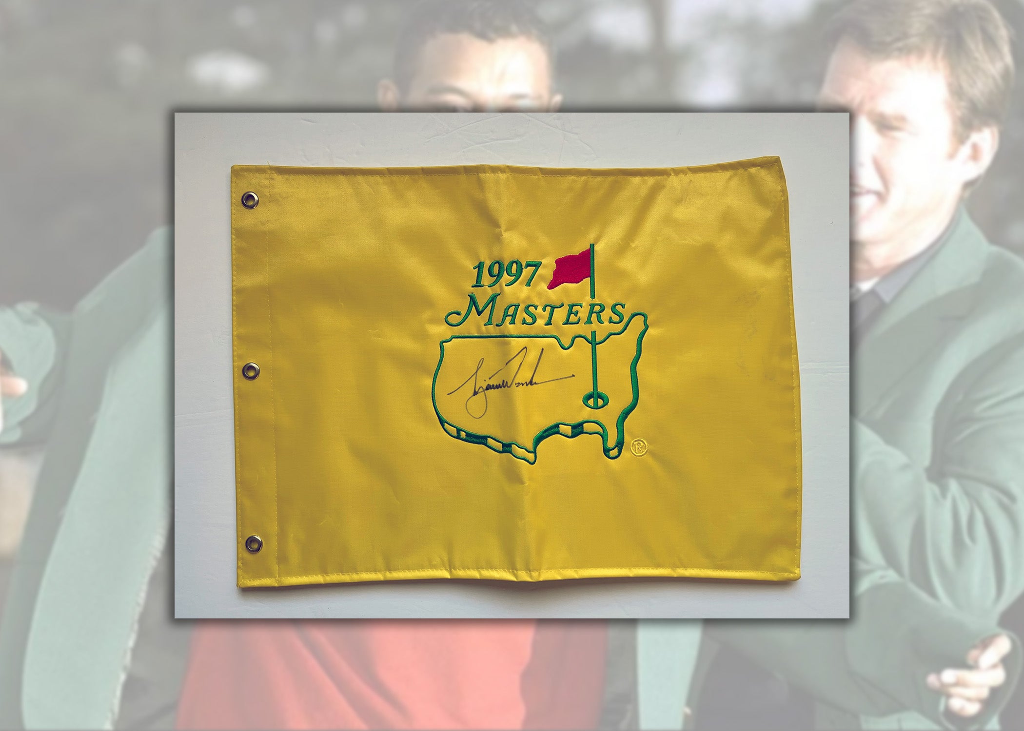 Tiger Woods 1997 Masters golf pin flag signed with proof