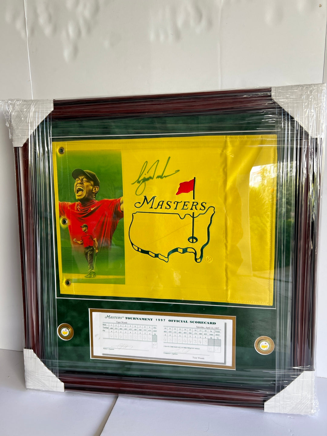 Tiger Woods Masters golf pin flag signed & framed 24x26 with proof